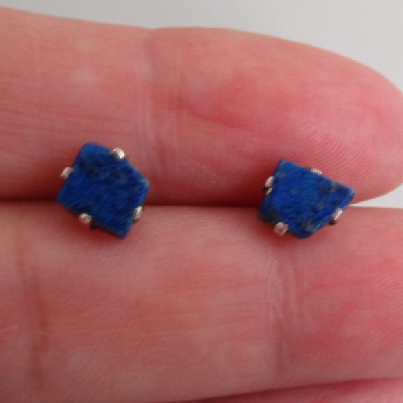 Natural Lapis Lazuli Asymmetric Cut Gemstone 925 Sterling Silver Stud Earrings - Picture 1 of 4